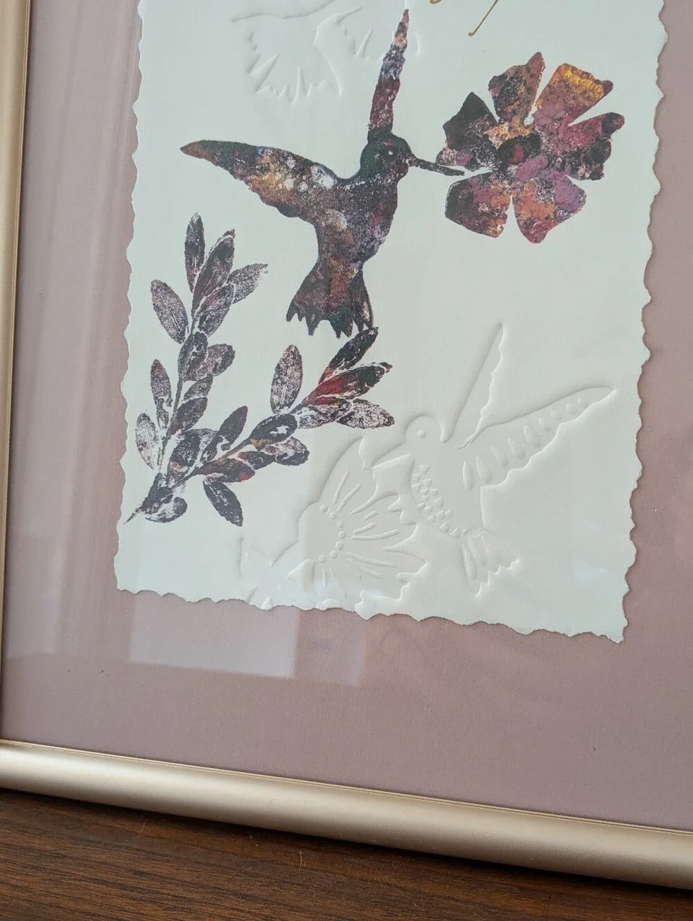 King Kuka Embossed Lithograph Hummingbird Framed Matted 12.25